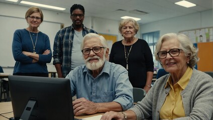 Portrait of teacher with seniors attending computer and technology education class