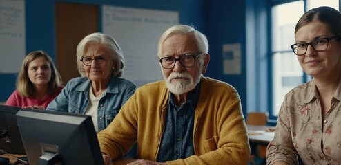 Portrait of teacher with seniors attending computer and technology education class