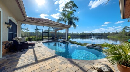 The backyard with a pool and lake view in Florida. The photo was taken from across the patio, showing a bright blue sky.