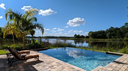 The backyard with a pool and lake view in Florida. The photo was taken from across the patio, showing a bright blue sky.