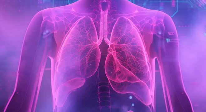 A conceptual art piece featuring a chest Xray of a healthy man, where each organ, including the diaphragm, is accentuated with neon, blending medical imaging with modern aesthetics