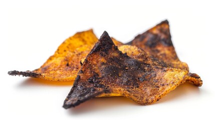 Fototapeta premium burnt tortilla chip isolated on white background, food waste concept for designer 