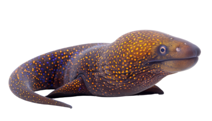 Vibrant moray eel with striking orange and blue spots, showcasing its distinctive elongated body and vivid coloration, isolated on transparent background