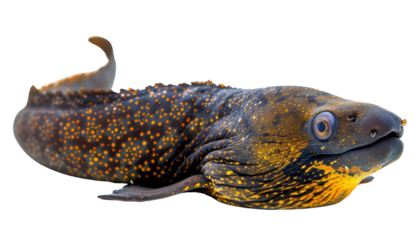 Striking moray eel with vibrant orange and blue spots, showcasing its elongated body and vivid coloration, isolated on transparent background