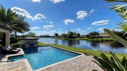 Obraz premium The backyard with a pool and lake view in Florida. The photo was taken from across the patio, showing a bright blue sky.