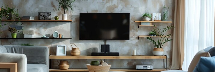 Stylish room interiors, tv, shelves, living room decor elements. Contemporary interior wall design