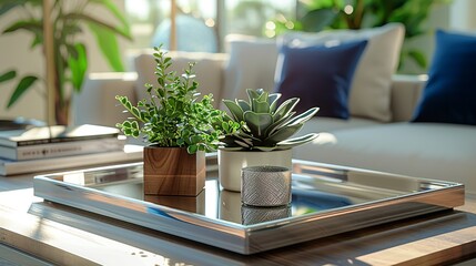 A set of modern decorative trays in varying sizes, stacked on the coffee table for a chic, layered look. Flat color illustration, shiny, Minimal and Simple,