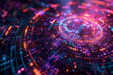Obraz premium A colorful, abstract image of a circle with many different colors and shapes. The image is full of bright, neon colors and has a futuristic, sci-fi vibe
