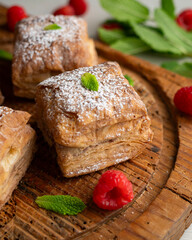 Miguelitos are typical pastries from Spain made from puff pastry, filled with chocolate cream and sprinkled with sugar.