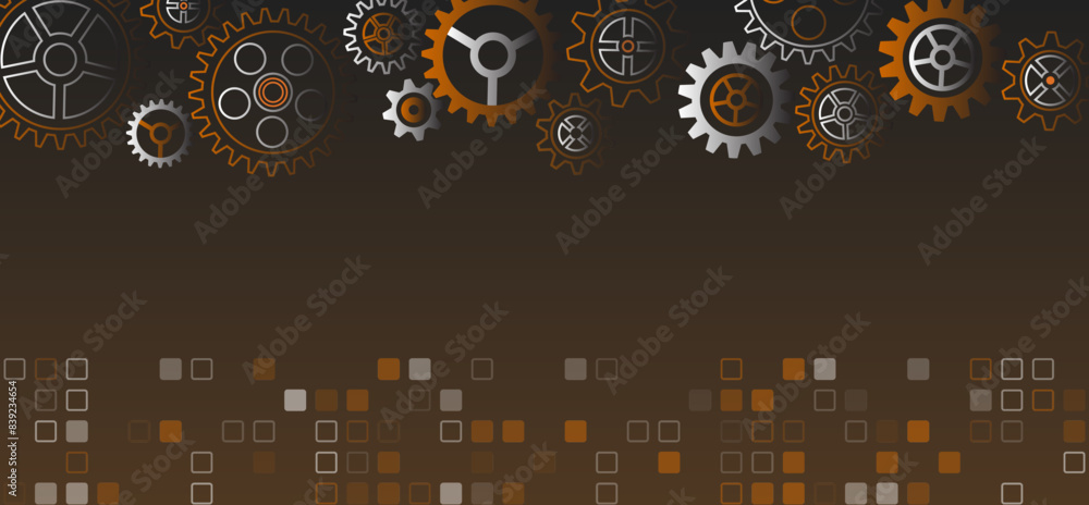Poster Abstract vector illustration of cogwheel. Wide brown background of engineering mechanism. Innovation concept in high-tech gear design.