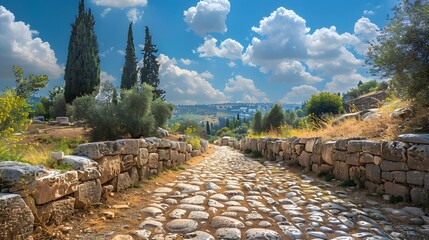 Fototapeta premium An ancient Roman road made of large cobblestones and lined with stone walls on both sides, winding through the hillsides of Jerusalem in full view.