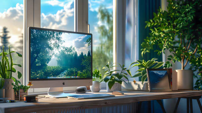Workspace with laptop computer empty screen and office supply on wooden table