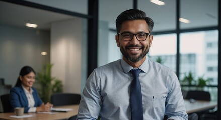 Fototapeta premium Portrait, smile and businessman with meeting in office for sales planning, partnership and seminar. Employee, training and corporate workshop with pride for company, management and collaboration