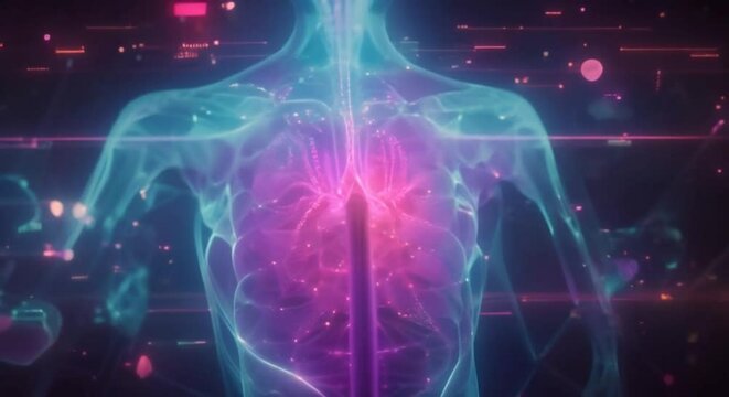 A conceptual art piece featuring a chest Xray of a healthy man, where each organ, including the diaphragm, is accentuated with neon, blending medical imaging with modern aesthetics