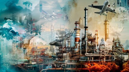 Obraz premium A collage of diverse industrial sectors including automotive, aerospace, electronics, and energy production, symbolizing global industry