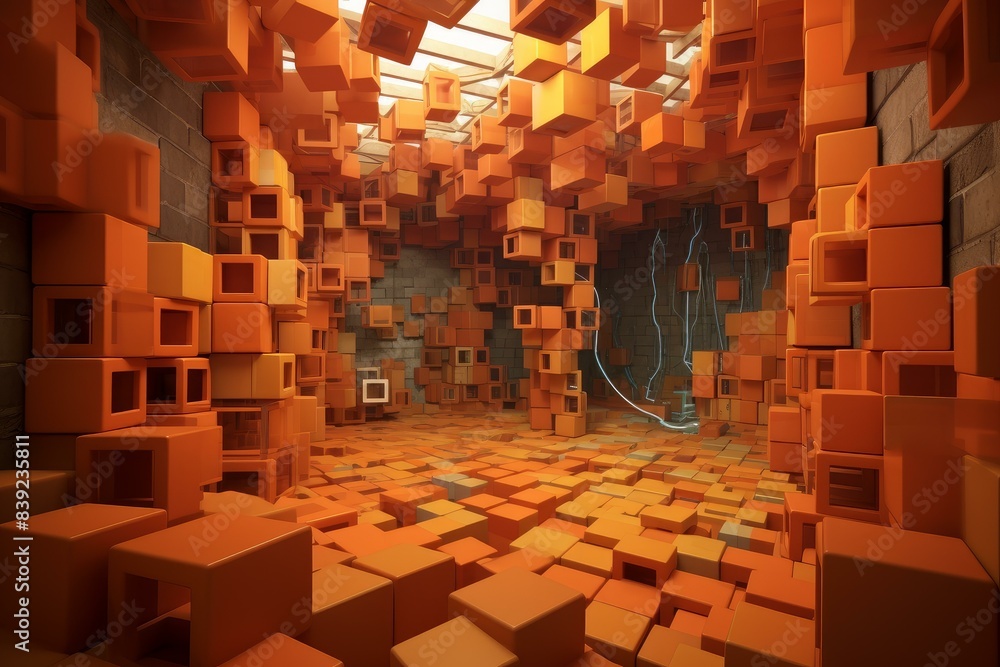 Poster spacious square blocks room design. cube style decoration render. generate ai