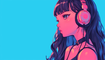 Beautiful girl wearing headphones is listening to Lo-fi music, anime style