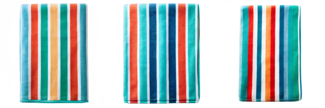 Striped beach towel, top view highly detailed isolated on transparent background PNG file