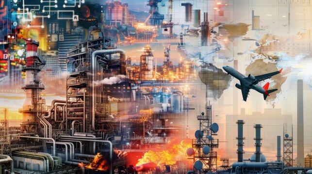 A collage of diverse industrial sectors including automotive, aerospace, electronics, and energy production, symbolizing global industry