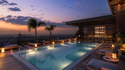 Fototapeta premium A rooftop pool with lights, loungers and party atmosphere at night. The sky above them has hues of blue to purple, creating a magical glow over everything. It's very cozy, relaxing and fun.
