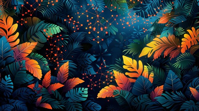 A vibrant, dense rainforest with intricate patterns of leaves and vines, overlaid with a delicate, transparent network of atomic particles, symbolizing the interconnectedness of all life. Flat color