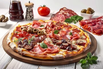 Meat Mix Pizza with Parma Ham, Sausages, Shish Kebab, Bacon, Olives, Tomato Sauce, Mozzarella