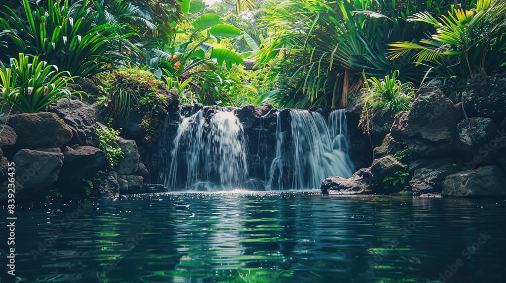 Sticker Serene tropical waterfall cascades over rocky ledge into crystal clear pond, surrounded by lush greenery