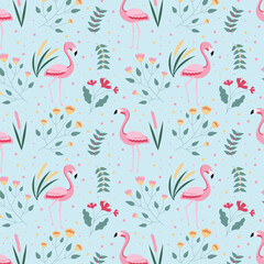 Tropical seamless pattern with flamingo and leaves. Vector hand drawn illustration.