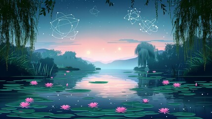 A serene riverbank with willows and water lilies, enhanced with subtle patterns of electrons and protons, emphasizing the deep bond between the tranquility of nature and atomic particles. Flat color