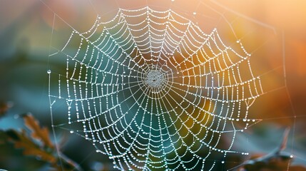 Fototapeta premium A delicate spiderweb covered in morning dew, with each droplet containing intricate patterns of electrons and protons, merging the natural world with subatomic beauty. Flat color illustration, shiny,