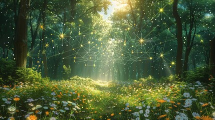 Obraz premium A picturesque forest clearing with wildflowers and sunlight filtering through, interspersed with delicate patterns of electrons and neutrons, symbolizing the interconnectedness of all things. Flat