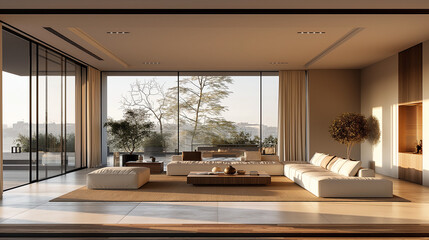 living room with sofa and summer landscape in window. Scandinavian interior design.