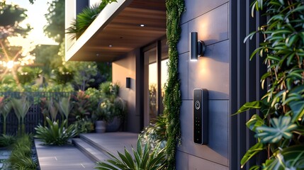 A sleek and modern smart doorbell with camera, mounted on the exterior wall of an urban home in Sydney Australia, showcasing advanced security features like advanced AI facial recognition.