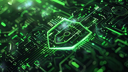 Obraz premium Digital shield and lock green light futuristic circuit board selective focus dynamic manipulation high-tech background