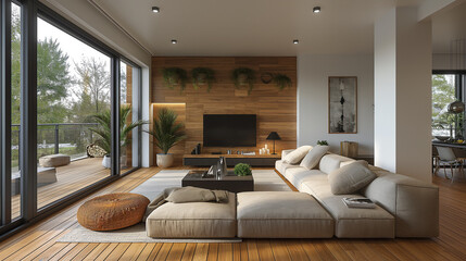 Minimalist living room in white color with sofa and summer landscape in window. Scandinavian interior design.