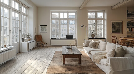 Beautiful interior of a modern room. Bright and clean design. A sofa standing by a large window against a wall background.