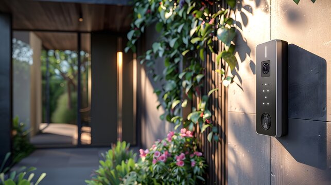 A sleek and modern smart doorbell with camera, mounted on the exterior wall of an urban home in Sydney Australia, showcasing advanced security features like advanced AI facial recognition.