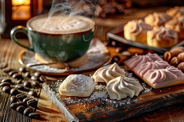 Fototapeta premium Cozy coffee setup with steaming mug and assortment of delicious pastries on rustic wooden table, evoking warmth and comfort.