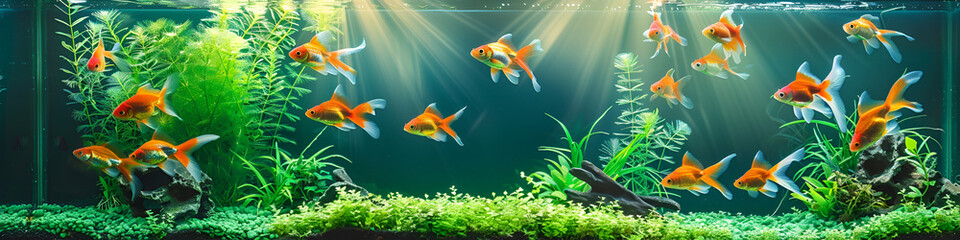 An aquarium filled with a wide variety of beautiful fish is located in the seaside in background