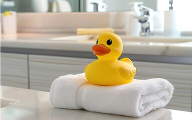 Yellow Rubber Duck on Bathroom Towel
