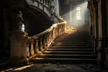 Sunbeams illuminate an ornate, old staircase with creeping moss in an abandoned mansion, creating a mystical atmosphere © juliars