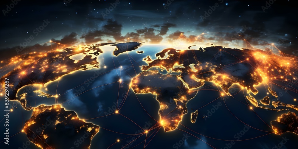 Poster global digital data network connecting scientific technology data worldwide for global connectivity.