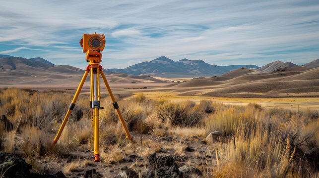 A yellow and orange total station on a tripod is placed in the middle of an open field, with mountains visible far away. The background has brown grasses and rocks, creating a natural landscape.