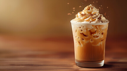 A glass of iced coffee topped with whipped cream on a wooden surface, showcasing a delicious and refreshing treat with copy space