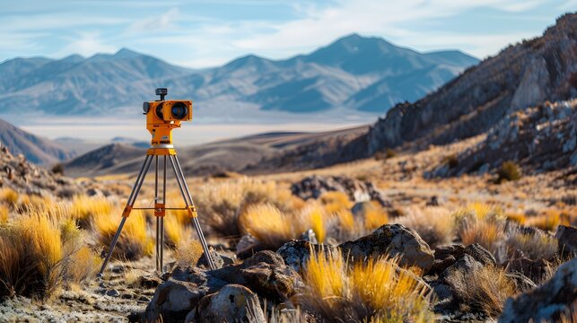 A yellow and orange total station on a tripod is placed in the middle of an open field, with mountains visible far away. The background has brown grasses and rocks, creating a natural landscape.