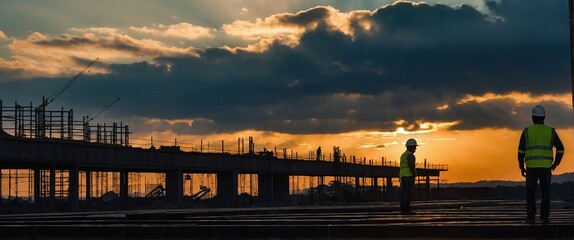 Silhouette of Engineer and worker on building site, construction site at sunset