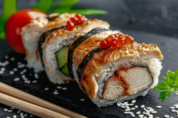 Chicken Uramaki Sushi with Bacon, Processed Cheese, Tomato, Green Onion, Black and White