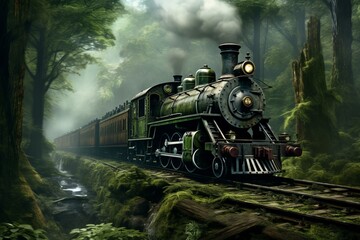 Naklejka premium Old-fashioned steam locomotive travels through a foggy, dense woodland, crossing a stream