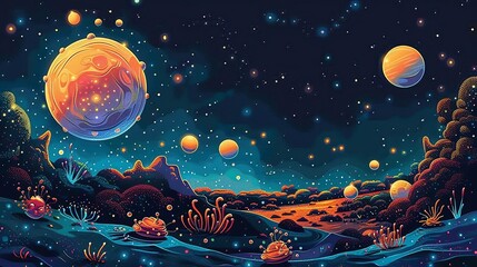 Fototapeta premium A flat design of an alien planet with multiple moons, showing tiny, colorful life forms that resemble a mix of insects and single-celled organisms. Flat color illustration, shiny, Minimal and Simple,