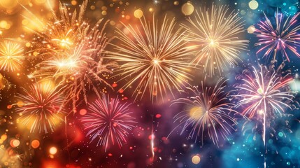 A dazzling display of fireworks lighting up the night sky in a burst of colors and patterns, creating a festive atmosphere